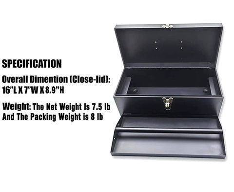16 Inch Portable Metal Toolbox Built To Last, 18 Gauge Steel With Locking Latch, Heavy Duty Drawer Organizer Tackle Box, open view