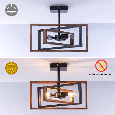 Dope Industrial Rectangle Flush Mount Ceiling Light with rotatable metal frame in rustic faux wood finish, three-arm design
