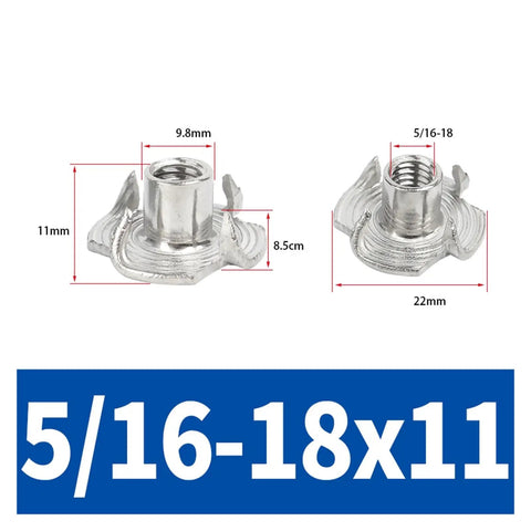 Beefy Four Claw Stainless Steel T Nuts Knock In Captive Nut Inserts For Wood And Speaker Enclosures, 304 Stainless, 11mm Length