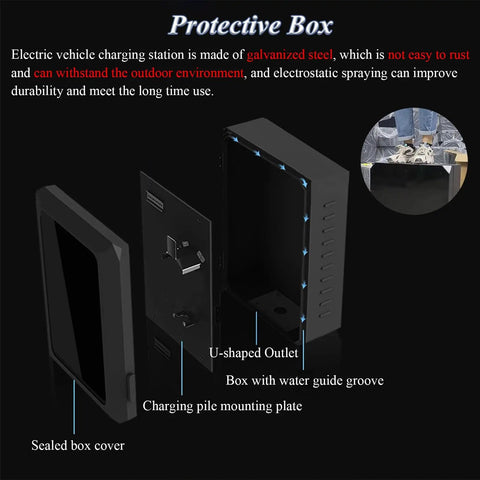 Rock Solid Wall Mount EV Charger Cable Organizer Box Weatherproof Durable Steel Charging Station Holder with U-shaped outlet.