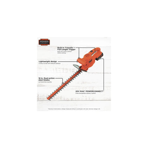 20V Max Cordless Hedge Trimmer with 18 inch dual action blade, lightweight orange design includes battery and charger