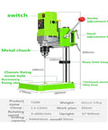 710W Mini Bench Drill Press Electric Metalworking Machine With 1-13mm Chuck for precision carving shown with detailed features.