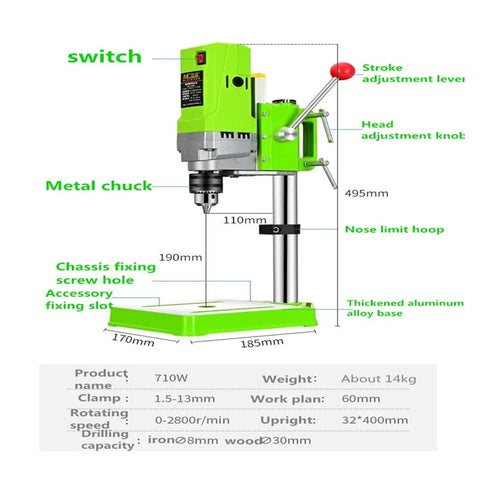 710W Mini Bench Drill Press Electric Metalworking Machine With 1-13mm Chuck for precision carving shown with detailed features.