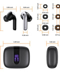 True Wireless Bluetooth Earbuds With 60 Hours Of All Day Juice And Dual Led Power Display Featuring IPX5 Waterproof Rating measuring 2.44 x 2.05 inches.