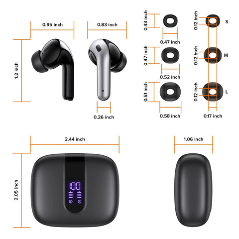 True Wireless Bluetooth Earbuds With 60 Hours Of All Day Juice And Dual Led Power Display Featuring IPX5 Waterproof Rating measuring 2.44 x 2.05 inches.