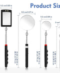 Four Pack Telescoping Inspection Mirror Set With LED Lights 360 Degree Rotation Extendable Mirrors showing sizes and dimensions