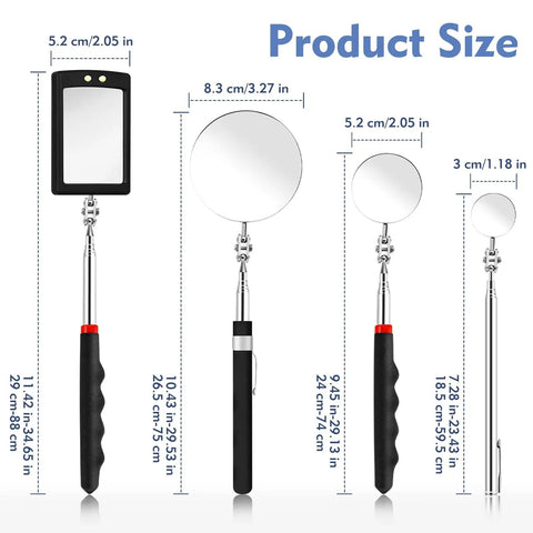 Four Pack Telescoping Inspection Mirror Set With LED Lights 360 Degree Rotation Extendable Mirrors showing sizes and dimensions