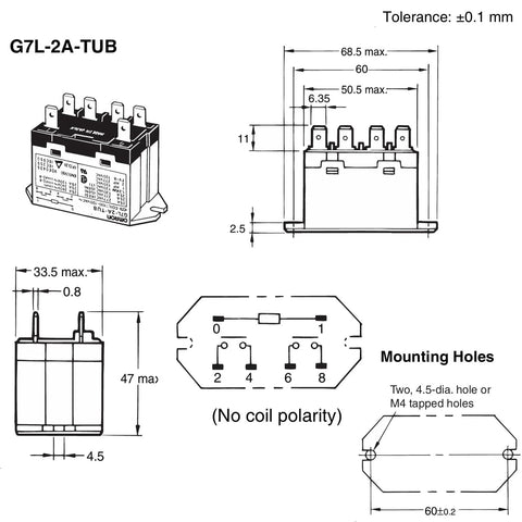 Technical diagram of Beefy 100-120VAC Power Relay With 30A At 277VAC 6 Pin DPST Normally Open Contacts Class B Insulation