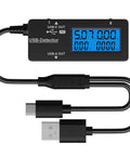 Variable Backlight USB Tester With LCD Display And USB C And USB A Multimeter, Voltmeter Amp Power Meter Battery Capacity Tester Internal Resistance And Battery Level Indicator For Laptop Tablet Phone Power Bank black adapter with cable
