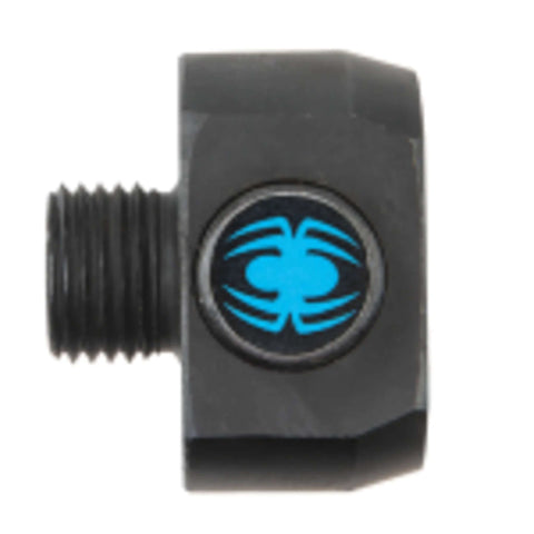 Side view of Spyder Hex8 3/8-inch quick-change hole saw arbor, black metal with blue spider logo