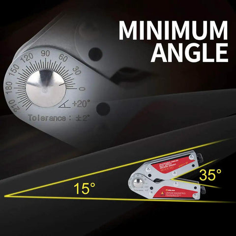 Heavy Duty Adjustable Angling Welding Magnet With Dual On Off Switches And 15 To 210 Degree Scale Lockable With Hex Wrench Neodymium Clamp Delivers 110 Lb Per Side Holding Power For Precise Fabrication WM11 M showing minimum 15 degree angle setting