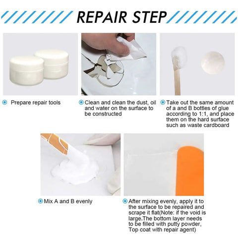 Instructional steps for Two Pack Ceramic Repair Kit For Tiles And Porcelain, Quick-Drying Grout Paste application