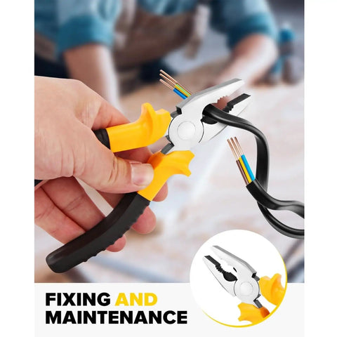 Hand using pliers from DIY Tool Kit Set With Storage Case For Home Garage And Office Grab And Go Hand Tools For Quick Fixes And Everyday Projects