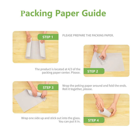 Guide showing steps to use Moving Packing Paper Sheets 31 By 21.5 Inches, 50 Pack Newsprint Paper For Wrapping Fragile Dishes.
