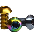 Gold Titanium M8x1.25 30mm Hex Socket Button Head Screws 6 Piece Set Gr5 Titanium Fasteners Nano Coated For Bike Frame Shifter Handlebar Pedals Racks Forks Rims Fender Plate, showing three colorful screws close-up.