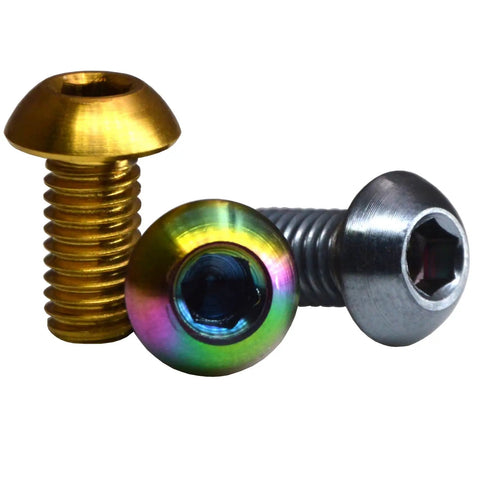 Premium Gr5 Titanium Hex Socket Buttonhead Cap Screws M8 X 1 25 By 45 mm Thread Length Six Piece Set with gold and rainbow finishes.