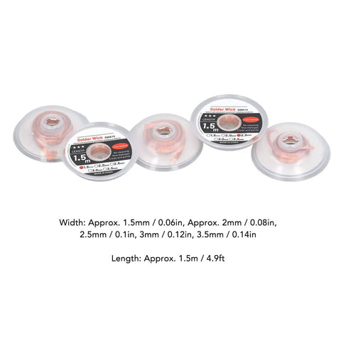 Image of Pro Grade Desoldering Solder Wick Braid Set with Red Copper Core, 5 Widths, 4.9 Feet each, PCB Circuit Board Repair Tools