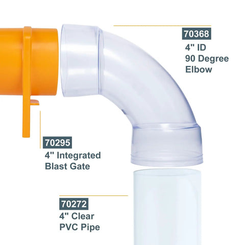 Four Inch ID 90 Degree Dust Collection Elbow Fitting For Four Inch OD Pipes Easy Clip On Quick Connect Clear View Built In Coupler