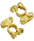 Brass Battery Terminal Connector Clamps Kit For Top Post Terminals Marine Car Boat RV Battery Protectors Durable Conductive Terminals With Nuts And Screws For Easy Hassle Free Installation showing front view of gold clamps with nuts and screws.