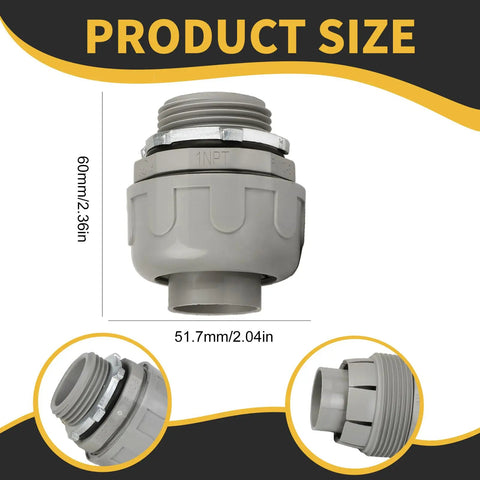 One Inch Nylon Conduit Connectors Straight Grey 15 Pack Liquid Tight Fittings With O Ring Domed Nut And Steel Locknut Durable Nylon 6 Construction Rust-Resistant Impact-Resistant DIY Friendly, 1 inch connector with size details
