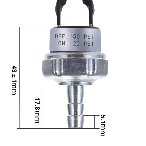 Air Pressure Switch 120 PSI To 150 PSI For 120V AC Air Compressors, Auto On At 120 PSI And Off At 150 PSI, measure diagram visible.