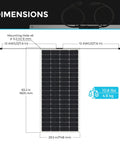 Dimensions of Flexible 200W 12V Solar Panel for Boats RVs Campers and Rigs with measurements and cable details.