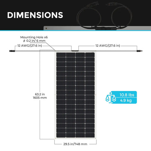 Dimensions of Flexible 200W 12V Solar Panel for Boats RVs Campers and Rigs with measurements and cable details.