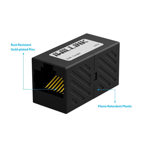 Female to Female RJ45 Ethernet Coupler Extender for Cat7 Cat6 Cat5e Cat5 Cables in black with rust-resistant gold-plated pins