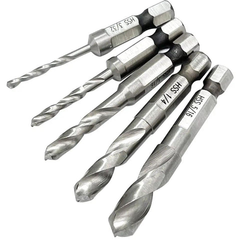 Pro Shop Ready 5 Piece Short Stubby Drill Bit Set Built Tough As Nails With Premium M2 Hss Steel showing five different drill bits.