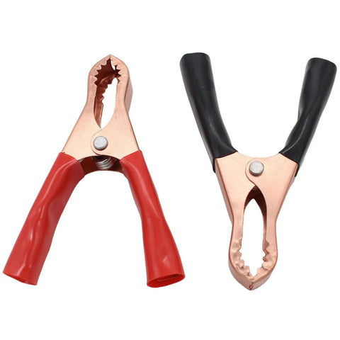 Heavy Duty Alligator Clips 50A 10 Pack For Car Battery Testing red and black clamps, copper plated, showing open and closed positions