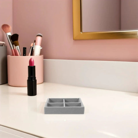 Velvet Jewelry Organizer Tray With Four Grid Compartments Stackable Minimalist Ring And Bracelet Tabletop on dresser.