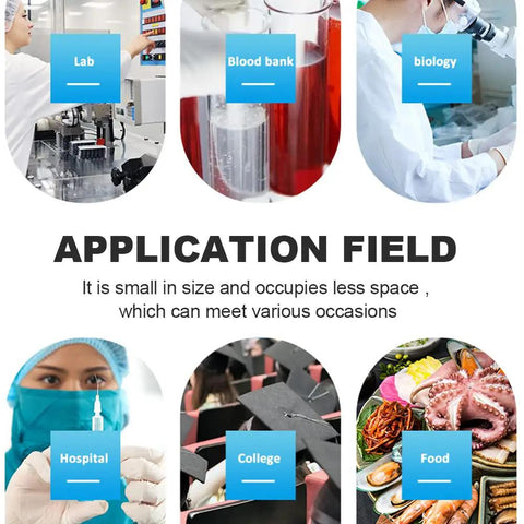 Application fields of Super Chill Ultra Low Temperature Lab Freezer With Kickass Cryogenic Cooling illustration, featuring lab, blood bank, hospital, college, and food storage contexts.