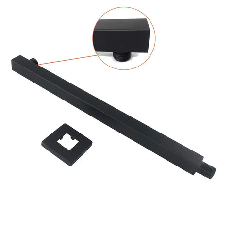 16 Inch Shower Arm Extension For Rain Shower Head With Half Inch NPT Tapered Threads Stainless Steel Sleek Matte Black With Flange