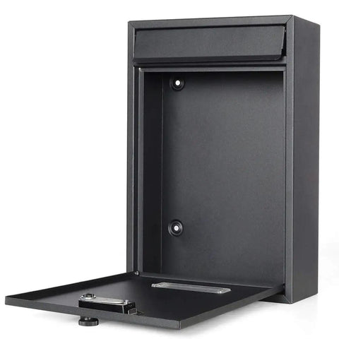 Open Outdoor Wall Mounted Mailbox With 3 Number Combination Lock Heavy Duty Galvanized Steel Design With Transparent Window To See Mail Status Rust Proof Locking Mail Box 12.6 By 8.5 By 3.4 Inches Black showing interior