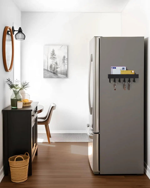 Damage Free Key Holder Wall Mount With Adhesive Magnetic Hooks And Shelf No Drill Key Rack for mail, keys, and wallet organizer in a modern entryway.