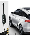 Knockout Performance 16 Amp Portable EV Charger With Type Two IEC62196 And Type One SAE J1772 Connectors Plus EU Plug Adapter IP67 Rainproof Build charging a white SUV.
