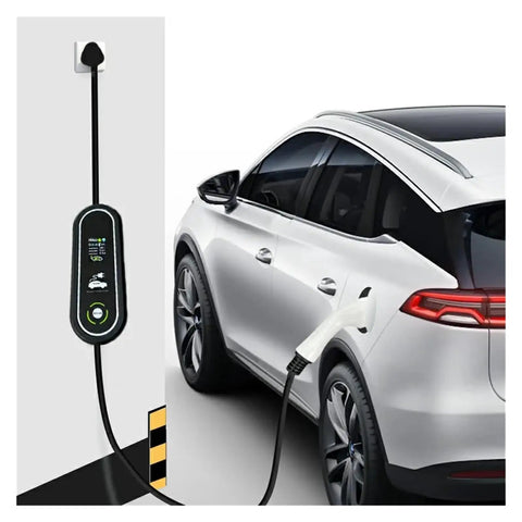Knockout Performance 16 Amp Portable EV Charger With Type Two IEC62196 And Type One SAE J1772 Connectors Plus EU Plug Adapter IP67 Rainproof Build charging a white SUV.