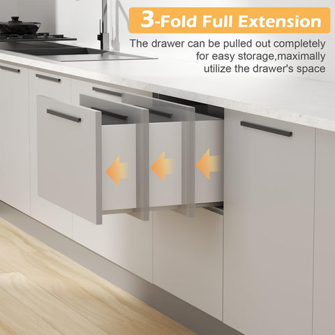 Premium Pair Undermount Drawer Slides With Full Extension And Soft Close shown installed in a kitchen cabinet, demonstrating full extension.