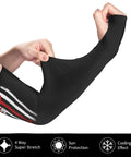 US Flag Airplane Wrench Cooling Arm Sleeves Ice Silk Sun Guard For Aviation Mechanics shown being stretched for easy fit.