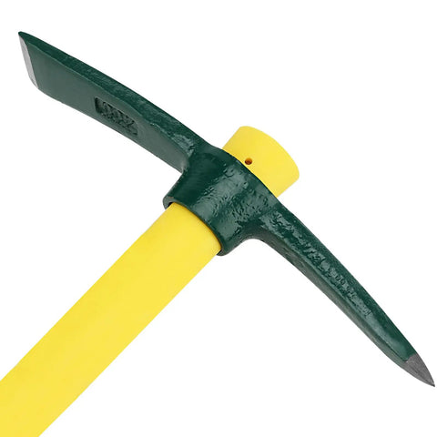 Close-up of a Two Pack 15 Inch Pick Mattock Hoe Set With Forged Steel Head And Fiberglass Handle For Weeding Loosening Soil Gardening And Camping