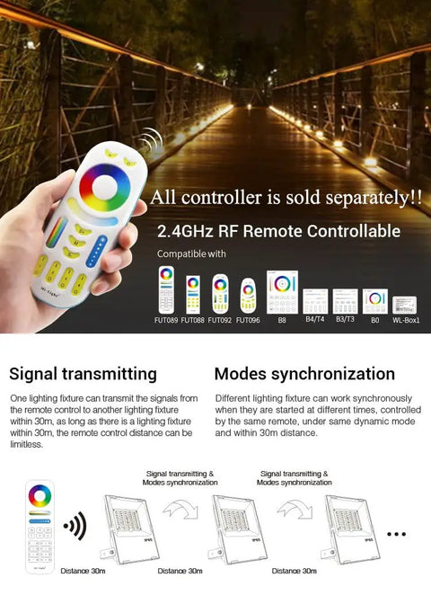 2.4GHz RF remote for Outdoor Waterproof Landscape Lighting LED Flood Light 50W RGB CCT Color Changing, shown with bridge in background