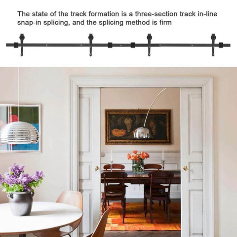 8Ft Heavy Duty Sliding Barn Door Hardware Kit With Single Track Bypass And Double Door Capability installed in a dining room