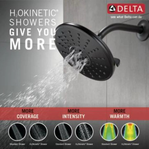 3 Spray H2Okinetic Shower Head With Touch Clean In Matte Black Delivers 3X Coverage And PowerDrench Spray For A Spa Like Full Body Shower Experience Everyday showcasing spray modes and features.