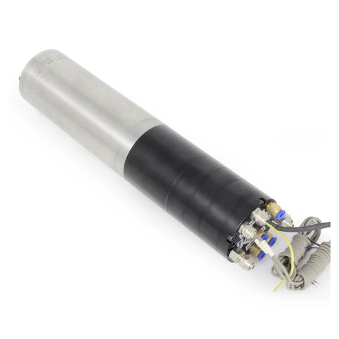 Top Shelf 2.2KW CNC Water Cooled Spindle Paired With A 24 Station Automatic Tool Changer For Metal And Wood Routing Kits Hella Quiet 220V Motor System, cylindrical design with connectors.