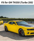 Bright yellow sports cars, fit for GM TH350 transmission, parked on a race track with clear skies.