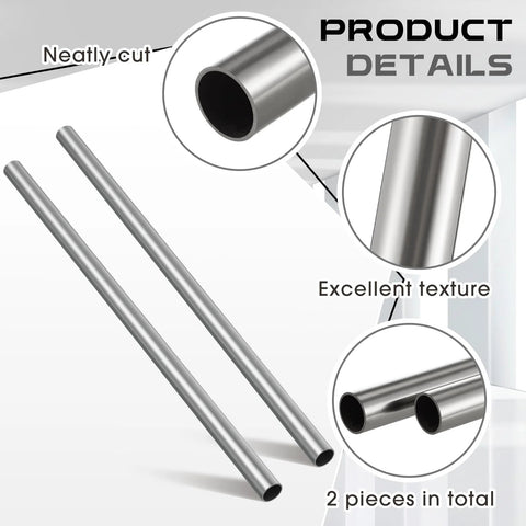 Side view of two 1" OD 304 stainless steel tubes, 24" long, 16-gauge wall, hollow round metal tubing