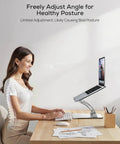 Woman using Ergonomic Adjustable Laptop Stand For Desk With Dual Foldable Riser And Heat Vent System, fits 10 to 17 inch laptops.