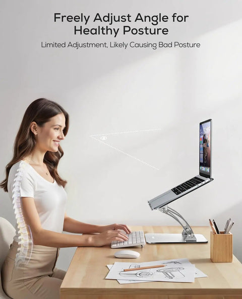 Woman using Ergonomic Adjustable Laptop Stand For Desk With Dual Foldable Riser And Heat Vent System, fits 10 to 17 inch laptops.