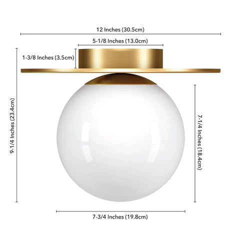 Low-Profile 12 Inch 1-Light Flush Mount Ceiling Light Fixture With White Milk Glass Globe Shade In Brushed Gold dimensions.
