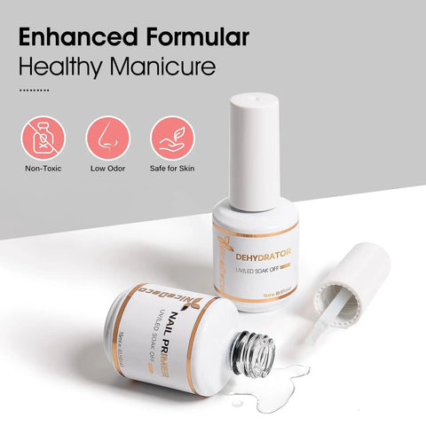 HEMA Free Nail Primer And Dehydrator Kit 2 x 15ml displayed with open bottle and spilled liquid on surface